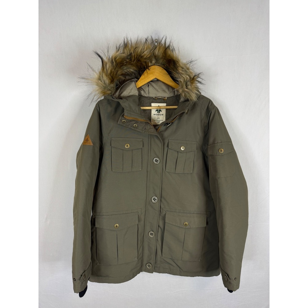Woods Laila Down Parka Dark Taupe Faux Fur Hood Jacket WW4500F15 Large